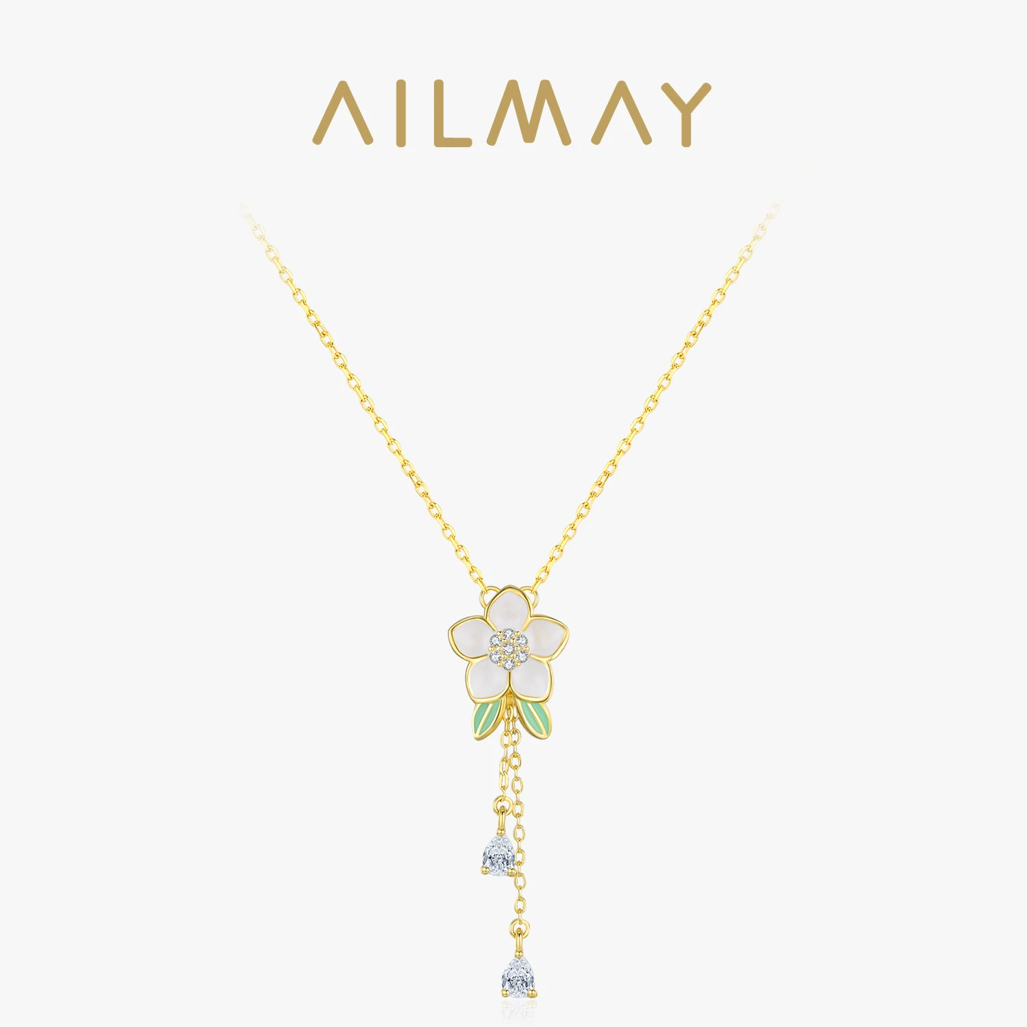 Ailmay 925 Sterling Silver Romantic frangipani Enamel Necklace Shiny CZ Flower Pendant Link Chain For Women Anniversary Jewelry