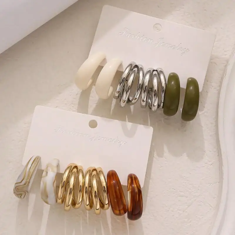 3/6 Pairs Assorted Hoop Earring Pack, Fashion Marble & Solid Color Resin + Alloy Earring Combo, Boho Jewelry Set