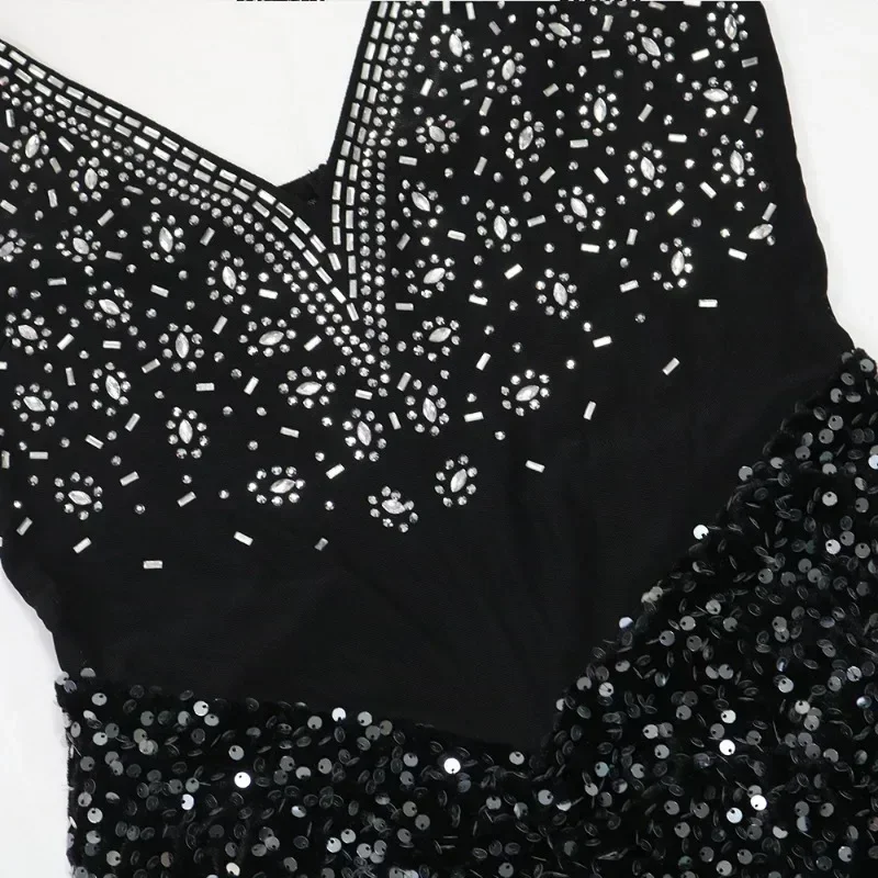 GUWU 女性ノースリーブホットラインストーン V ネックボディコンミニドレス秋冬ダイヤモンドパーティークラブイブニング誕生日ドレス