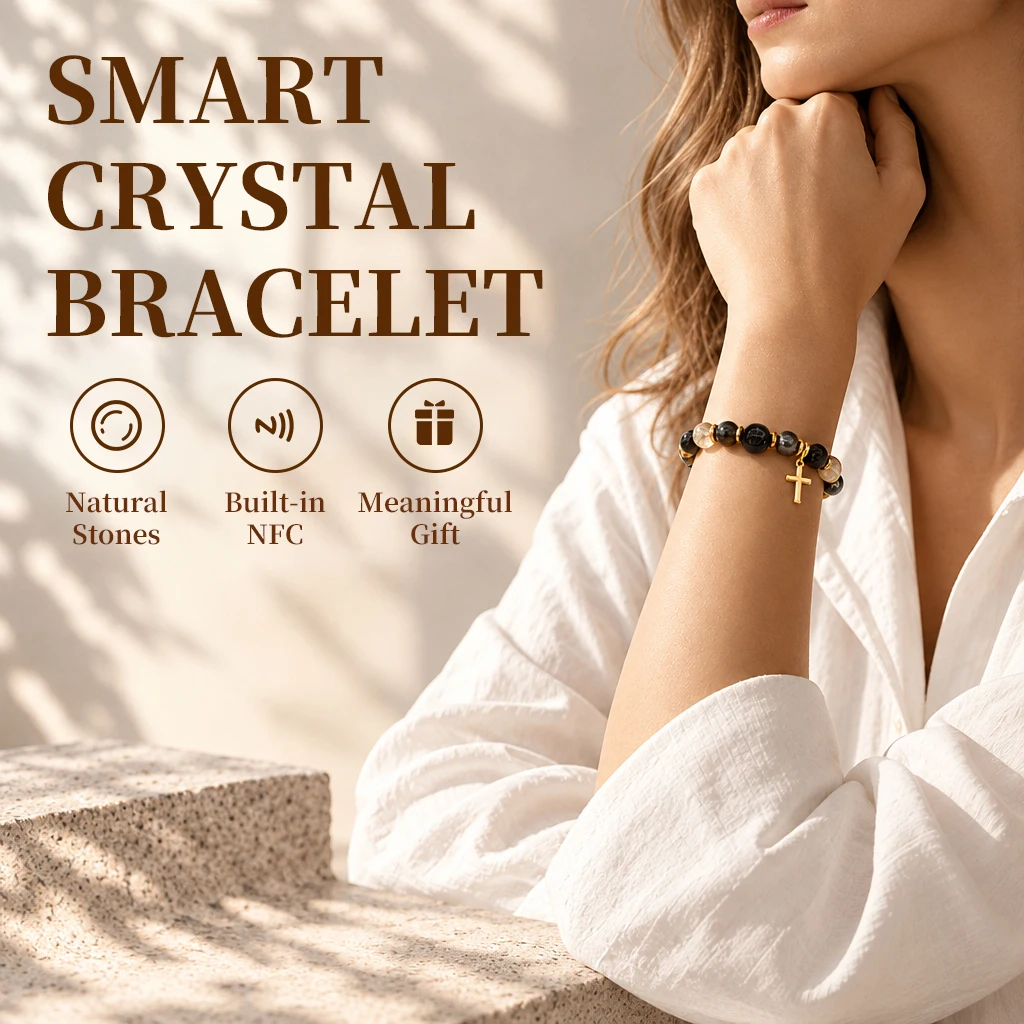 Smart NFC Crystal Bracelet Natural Polished Gemstone Beaded Fashion Accessory Custom Digital Space No App Needed