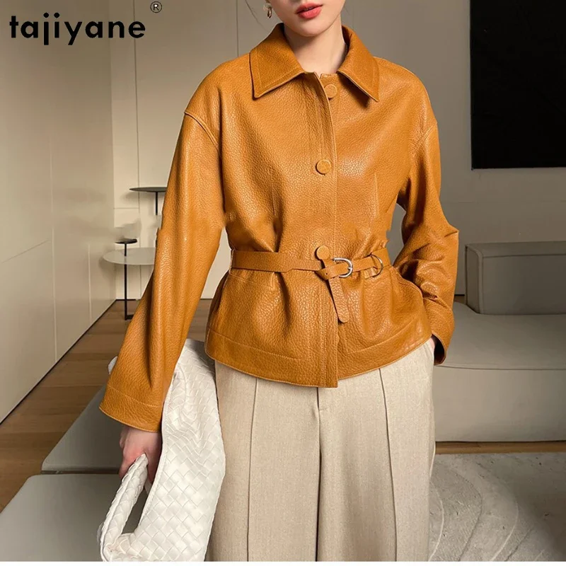 Tajiyane 100% Real Leather Jacket Women Short Coat Slim Turn Collar Genuine Sheep Charming Stylish Belt Office Youth Casual Wear