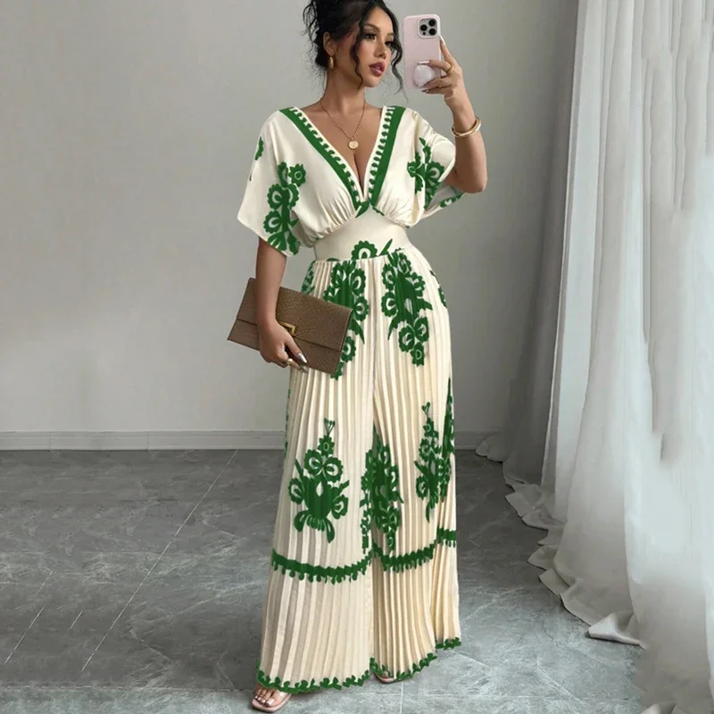 Jumpsuit Wanita Kasual Terbaru, Kerah V Dalam Tanpa Punggung, Model Serbaguna, Lengan Pendek, Kombinasi Cetak, Pinggang Tinggi, Kaki Lebar