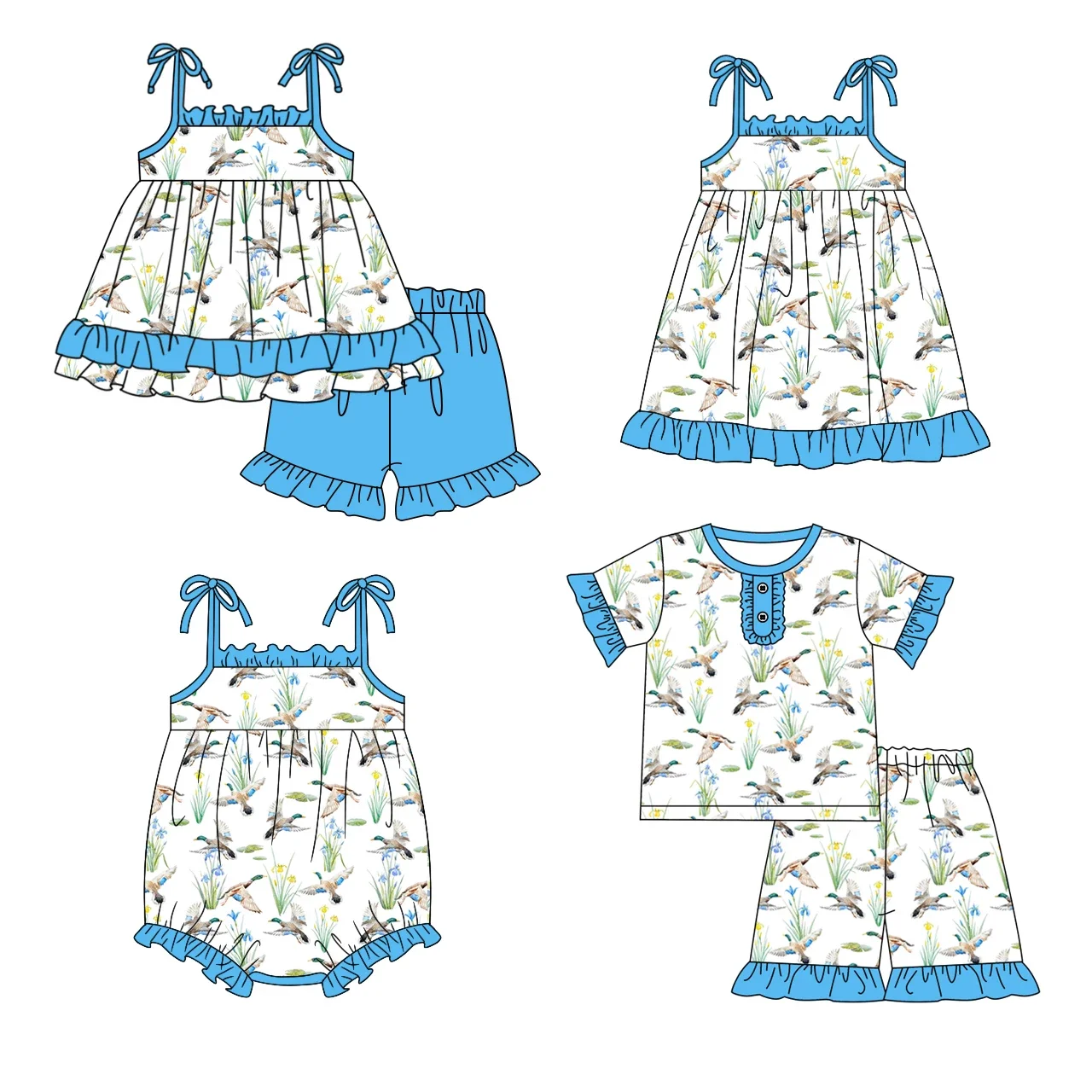 Girls series boutique children's set suspender bow duck grass print shorts lace set baby jumpsuit dress pajamas 4-piece set