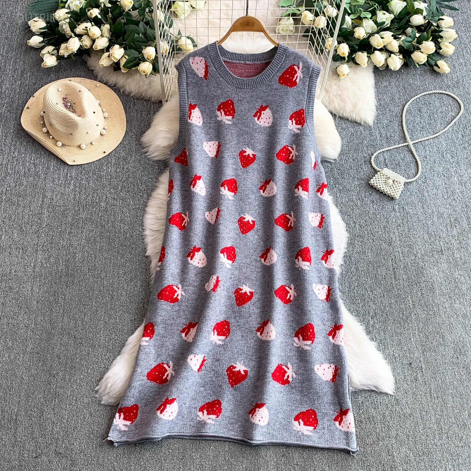 Sweet Strawberry Long Dresses Autumn Winter Knitted Sleeveless Woman Dress Korean Fashion Elegant Vestidos Mujer