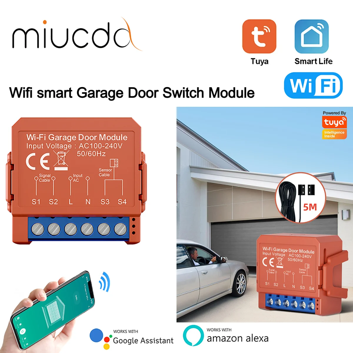 MIUCDA Tuya Smart WiFi Garage Door Module Switch Door Opener Controller Smart Life APP Voice Remote Control & Alexa Google Home