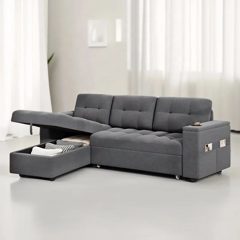 #Linen Tufted L-Shaped Chaise Sectional Sofa Bed 2in1 Convertible with Storage Drawer & Wheels Modern Minimalist Living Room