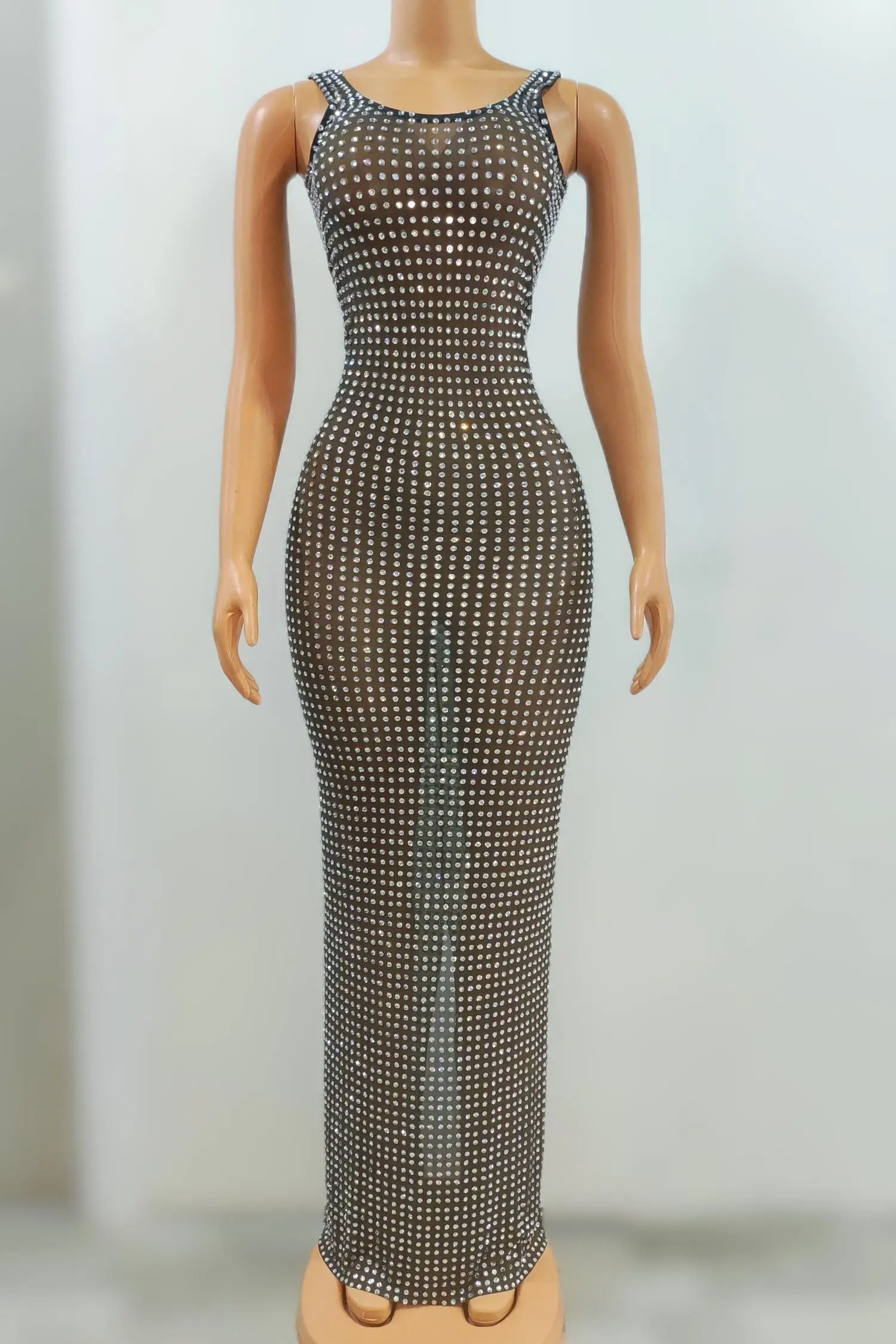 Bnazuandiaodai Full Shiny Diamonds Rhinestone Mesh Bodycon Maxi Dress Sleeveless Sheer Club Cocktail Evening Party Long Gown