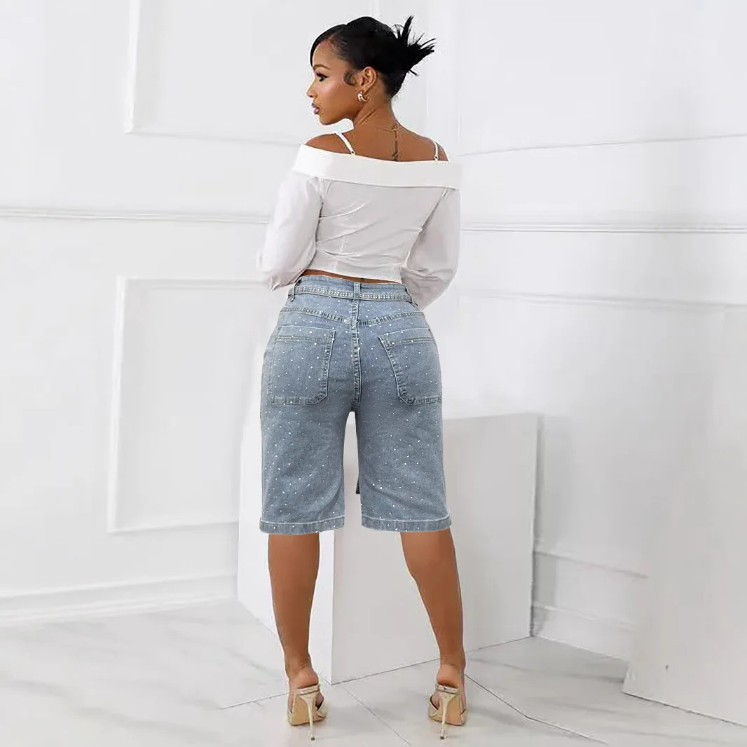 2025 Spring/Summer New Women's Loose Cowboy 5-point Pants with Full Hot Stamping Diamond and Additional Belt