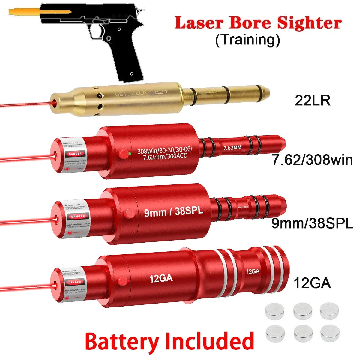 Red Green Laser Bore sight Training 9mm 7.62 .38spl .177 22LR 22 LR Bullet Boresighter Caliber Hunting 12GA .223 .308 9x19mm