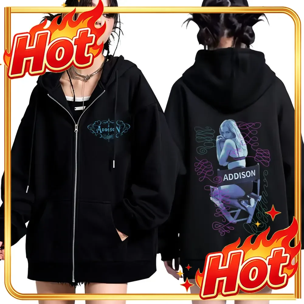 Addison Rae Double-sided Print Vintage Zipper Hoodies Men Women Oversized Fashion Long Sleeve Aesthetics Zip Up Sweatshirts Top