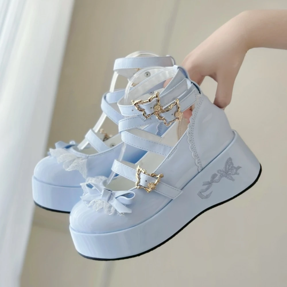 الوردي النساء الكعوب لوليتا أحذية منصة ماري جين أحذية ستار مشبك حزام الفتيات برشام حذاء كاجوال Kawaii مضخات #5