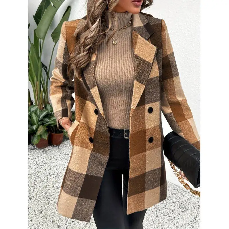 Plaid Wool  Women's High Waist Style Winter Ultra Thin Fly Sleeve Coat Regular Length No Brand Registered Trademark