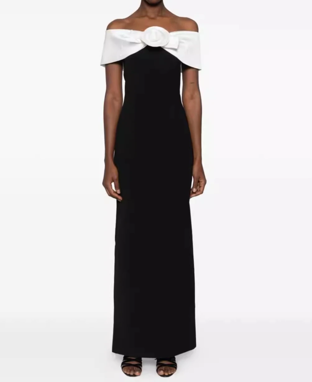 Black Slash Neck Elegant Split Long Dress Women Summer High Waisted Chic Vestidos Bodycon Runway Design Streetwear Clothing Lady
