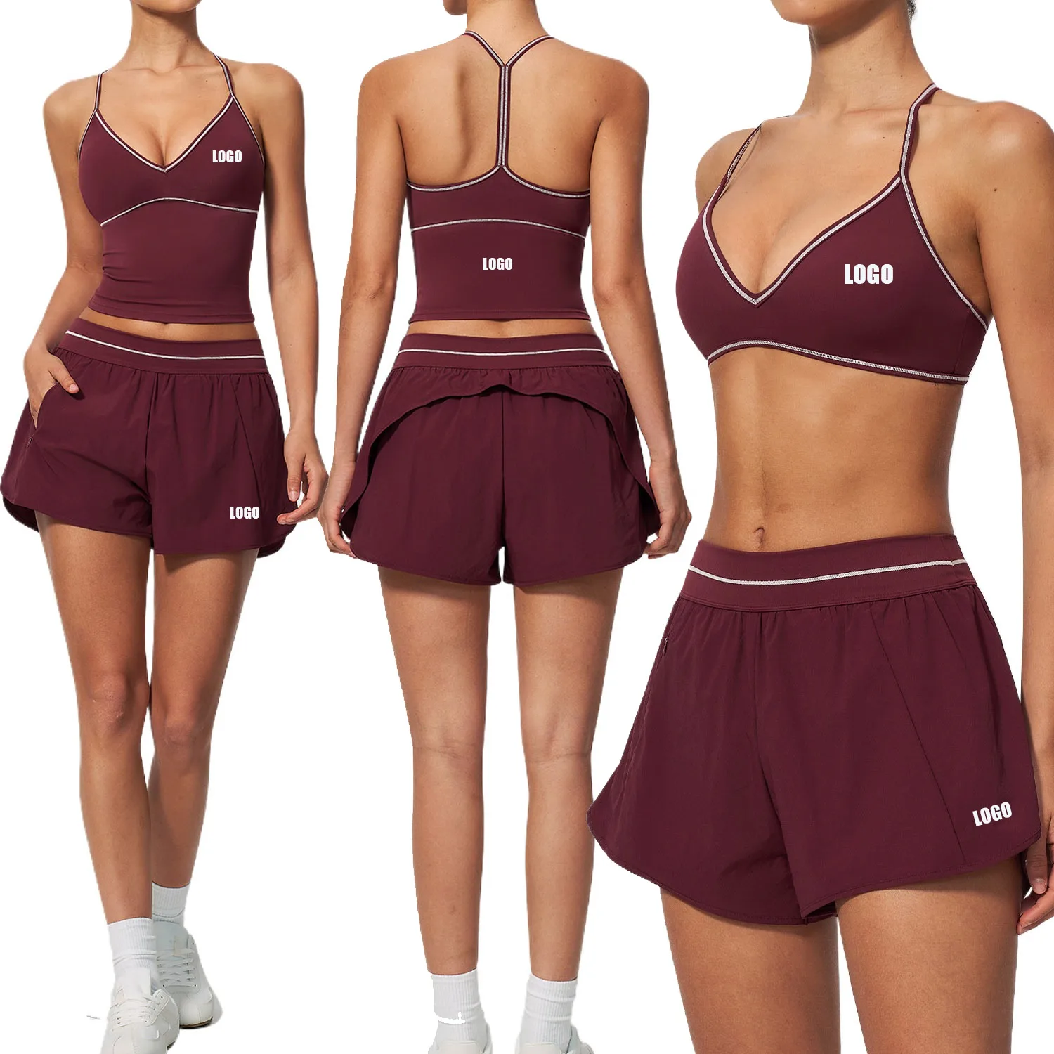 Custom LOGO women's beautiful back yoga new contrasting color V-neck running shorts quick-drying fitness clothes two-piece set