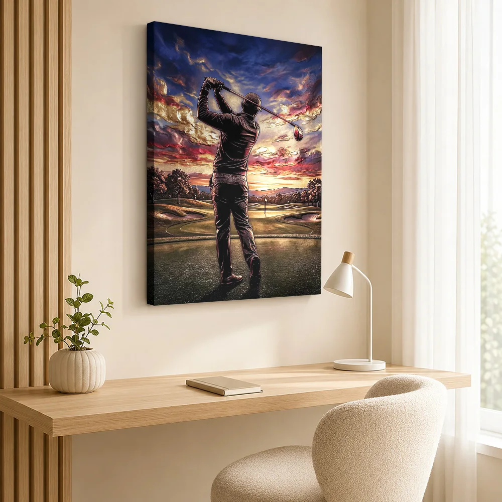 Golfer Swinging at Sunset Framed Canvas Print Poster Customized Travel Landscape Canvas Wall Art for Hotel Decor Ready to Hang