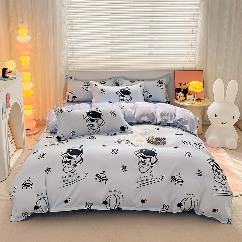 1PC Quilt Cover: Light Sky Blue, Cartoon Astronaut & Space Elements, Space Cute Vibe, Skin-Friendly, Fits Single/Double