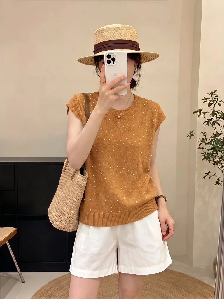 Orange Pumpkin Knitted Vest Women's Summer New Style Outerwear Sleeveless Knitwear Large Size Fashionable Top for Ladies