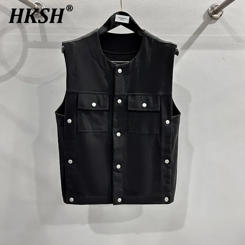 

HKSH Spring Summer New Men's Tide Dark Cotton Waistcoat Single Breasted Vest Chic Punk Streetwear Tank Tops Vintage Coats HK2224