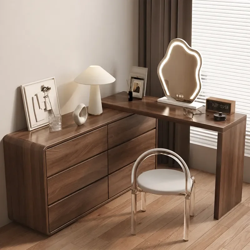 Nordic Solid Wood Makeup Table with Cloud Mirror Integrated Bedroom Vanity Desk Corner Dresser with Bedside Storage Cabinet