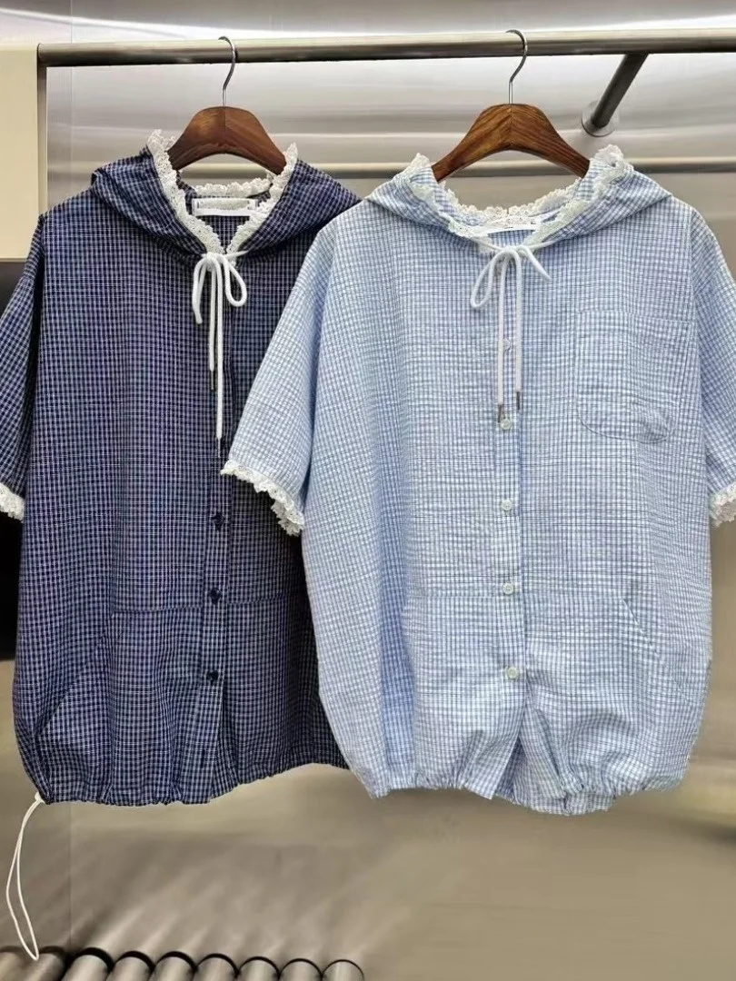 

Loose ort Sve Hooded Plaid Women's Jaet Korean Sle Versatile Fre Personali Top Button Commute Pattern Summer