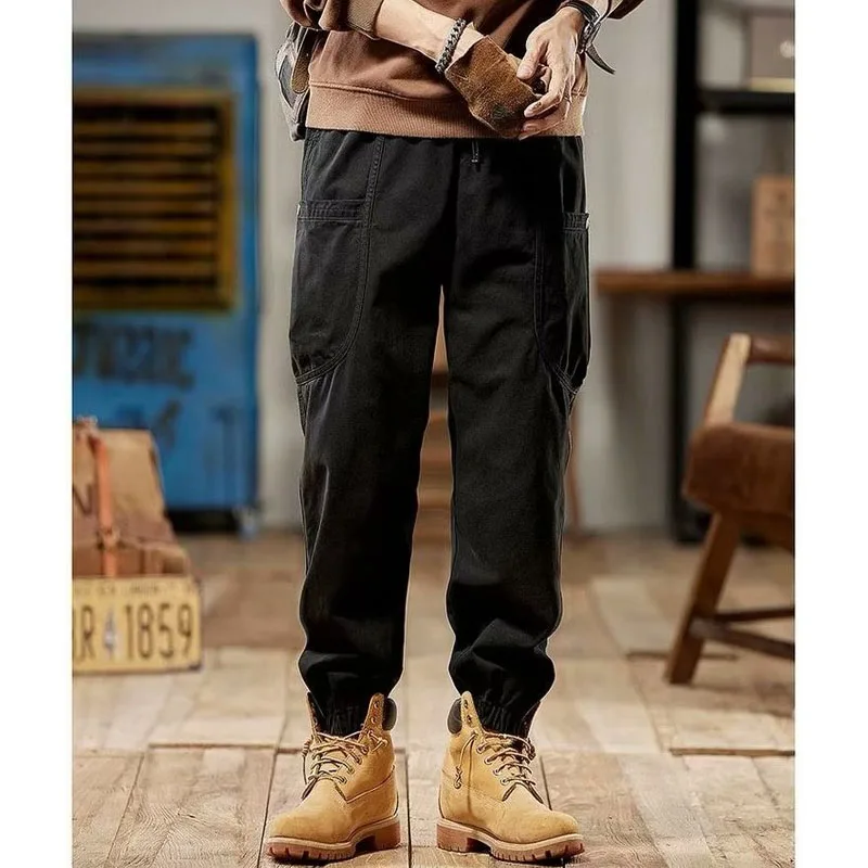 

New Spring and Autumn Fashion Splicing American Retro Tie Feet Workwear Pants Loose and Versatile Handsome Men's Casual Pants