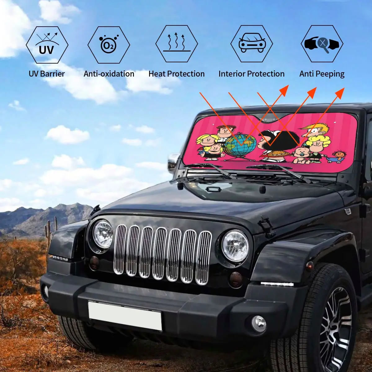 Mafalda Cartoon Pink Fold-up Windshield Sunshade 76x140cm Anime Collage Aluminium Foil Car Sunshade Blinds