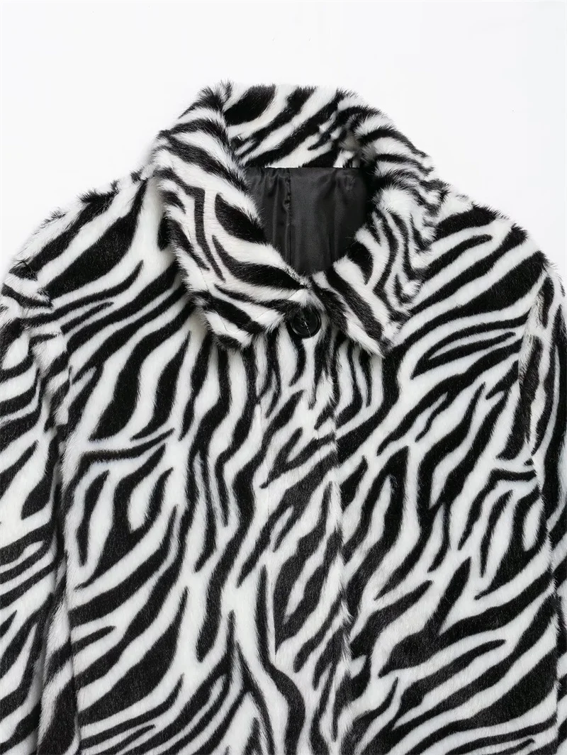 Guobioziy 2026 Women Zebra Print Faux Fur Jacket Cropped Length Fuzzy Coat Long Sleeve Retro Streetwear Chic Fall Winter New