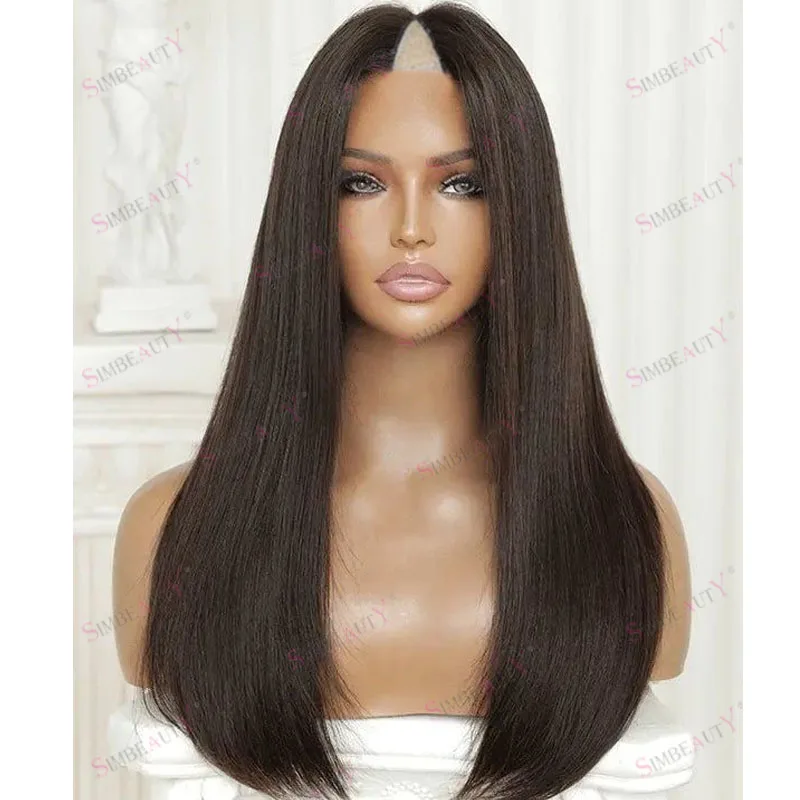 Super Long 30Inch Silky Straight Dark Brown Human Hair 1x4 Middle V Part Wigs for Black Women Highlight Ombre Brown Glueless Wig