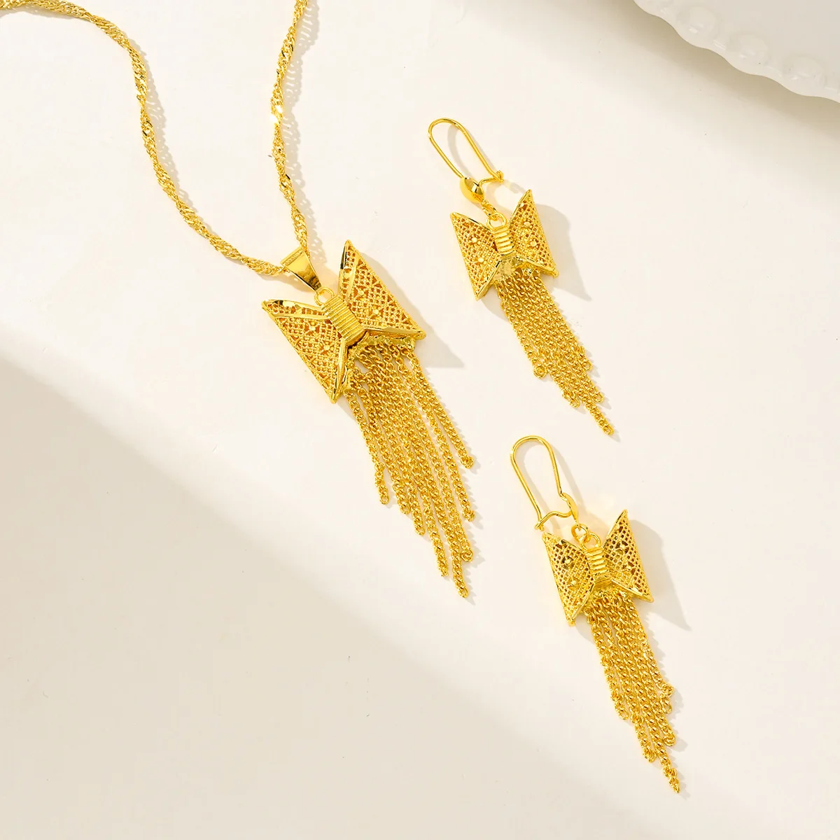 9999 gold flower tassel long necklace earrings set of two pieces of jewelry