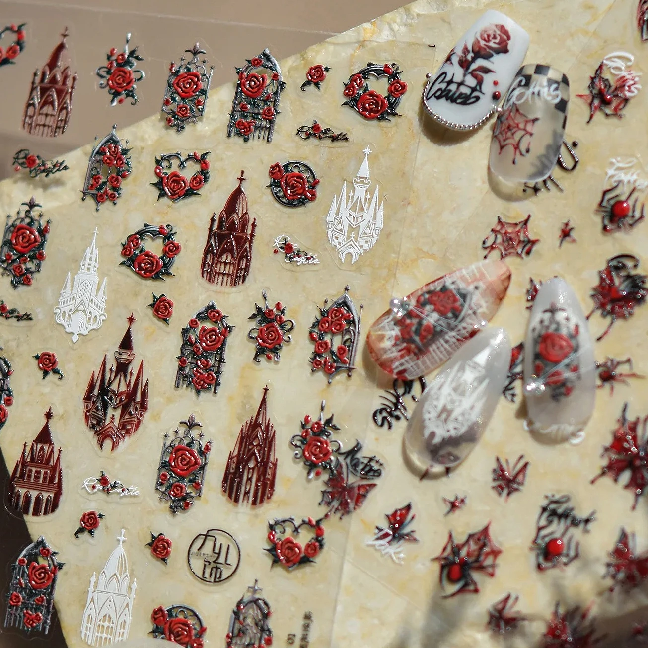 

Red Rose Flowers Butterfly Love Heart Castle Window Spider Web Scary Halloween Dark Y2K Skull Ghost INS Nail Art Stickers Decals