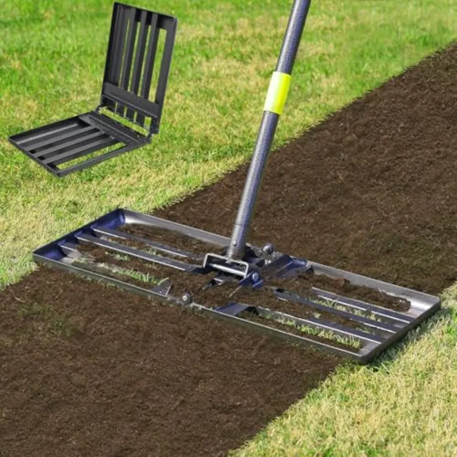

Грабли для выравнивания газона, складные, с опорной пластиной 30x10 дюймов, регулируемая длинная ручка 72 дюйма, инструмент для выравнивания сада с изогнутым краем, сверхпрочные, L-образные