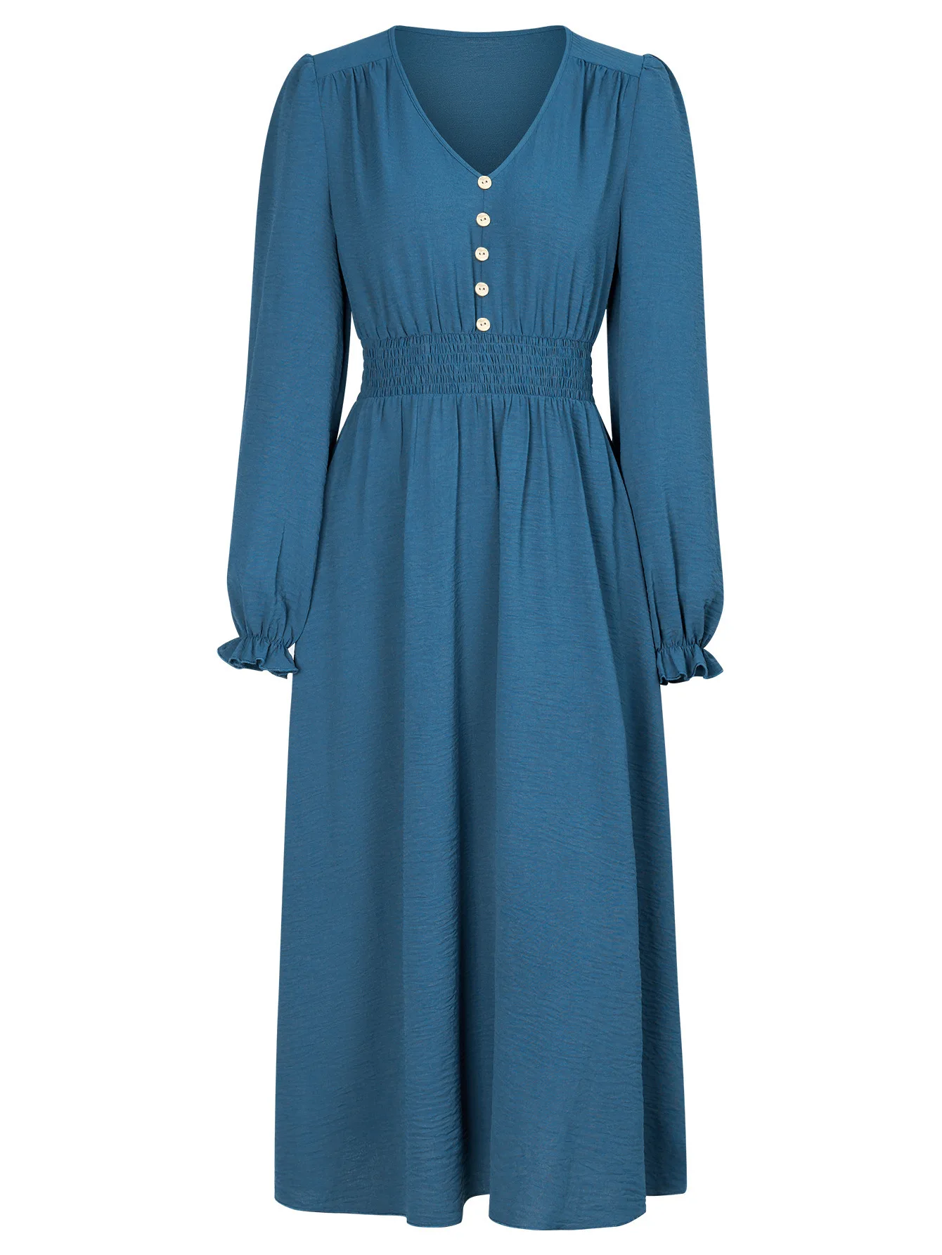 Damen-Herbstkleid, elegantes, langärmliges Midikleid mit V-Ausschnitt und gesmokter Taille für Abendpartys, lässige, tägliche lange Kleider