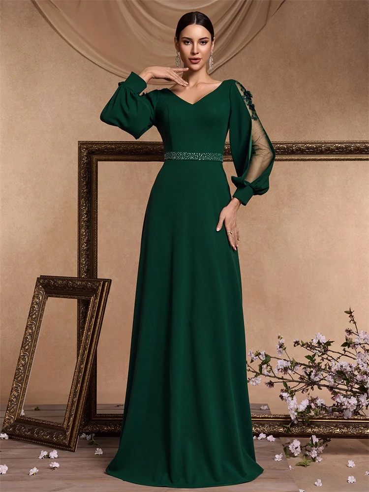 Xuibol luxo applique mangas compridas até o chão verde formal vestido de noite feminino elegante festa de casamento com decote em v cocktail baile