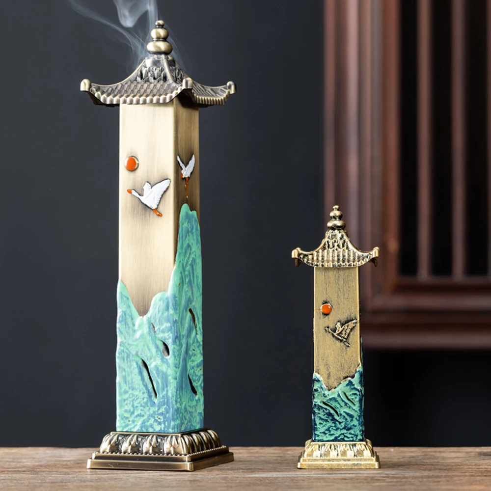 Pagoda Top Standing Stick Incense Burner, Crane & Mountain Landscape Censer, Chinese Style Incense Holder, Indoor Zen Ornament