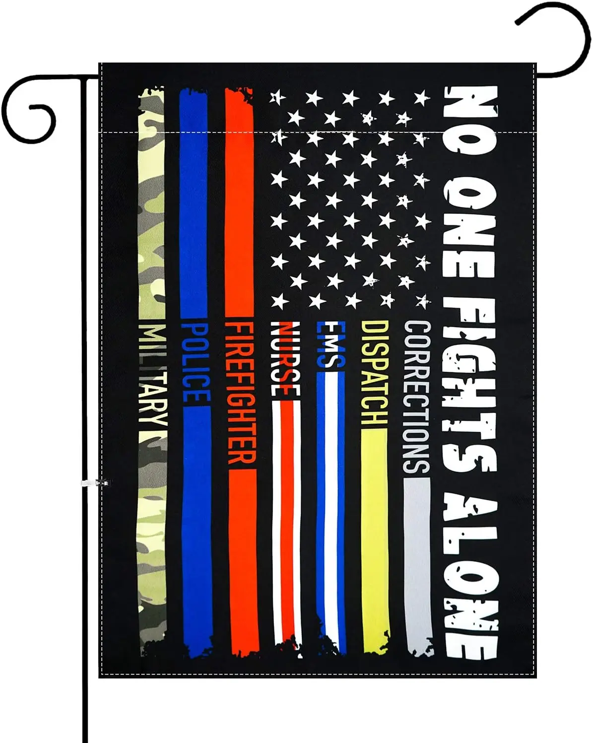 XIFAN No One Fights Alone USA Garden Flag First Responders Thin Line Vertical Double Sided 12.5 x 18 Inch Yard Outdoor Decoratio