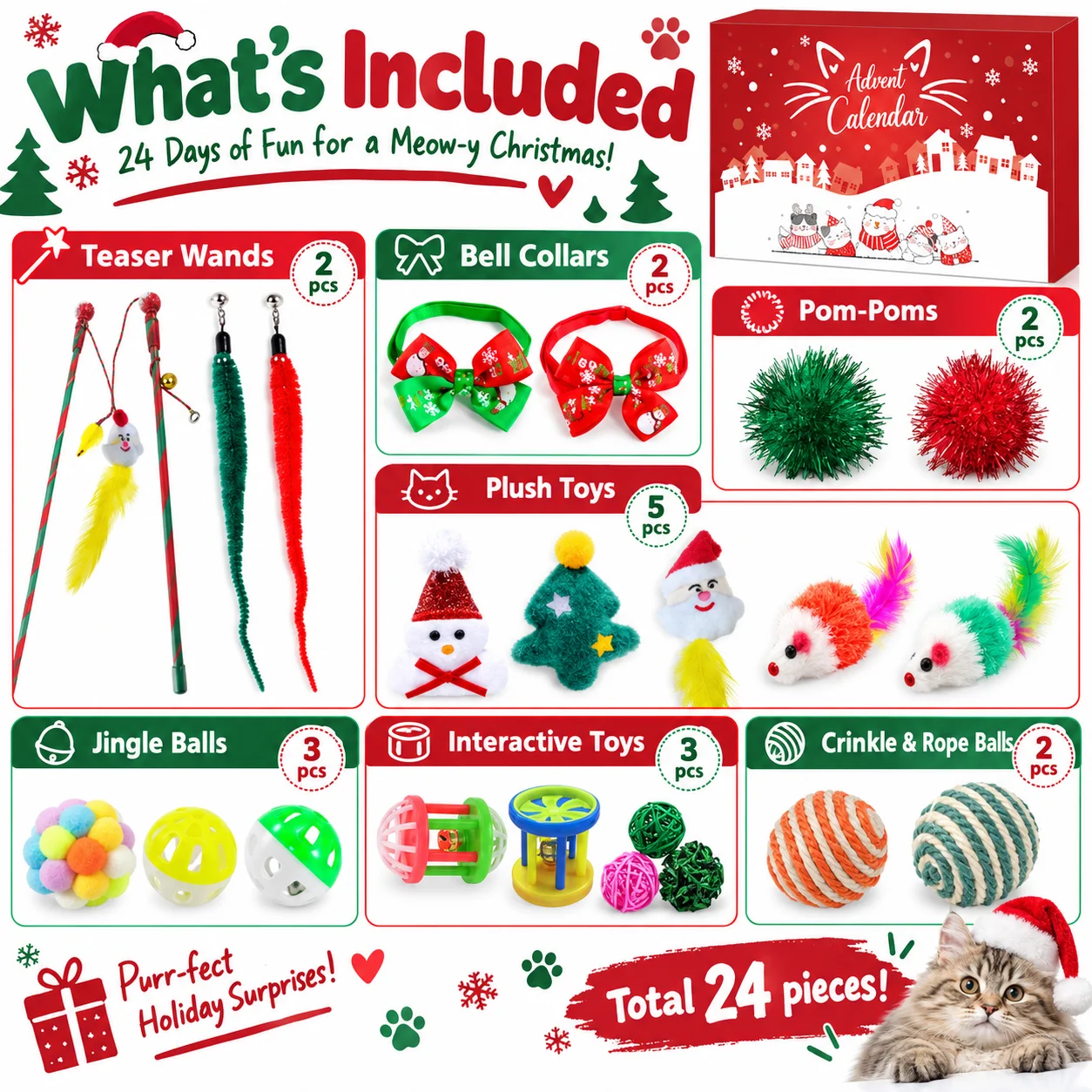 Cat Advent Calendar 2026, Christmas Cat Toy Set with Rope Toys, Balls, Bowtie Collars & Bandanas, 24 Pcs Christmas Countdown Cal