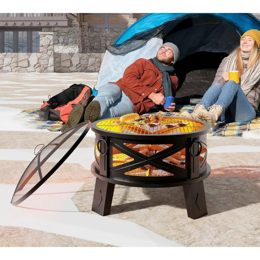 

Стальная огневая чаша 26 дюймов с решеткой-грилью и защитным экраном, технология усиления воздушного потока 360°, меньше дыма, больше пламени, сверхпрочная, портативная, для кемпинга