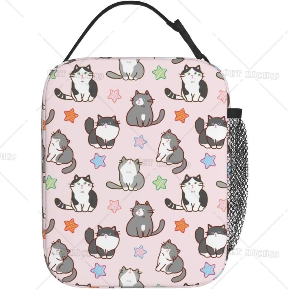 Cartoon Cat and Star Lunch Bag Insulated Lunch Box Meal Bag Food Container with Pocket for Women Girls School Work Picnic Travel