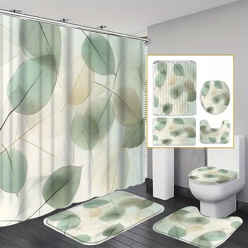 

Набор для ванной комнаты из 4 предметов с зелеными листьями, декор для ванной комнаты с принтом зеленых листьев в естественном стиле, коврик для ванной, U-образный коврик, чехол на сиденье унитаза