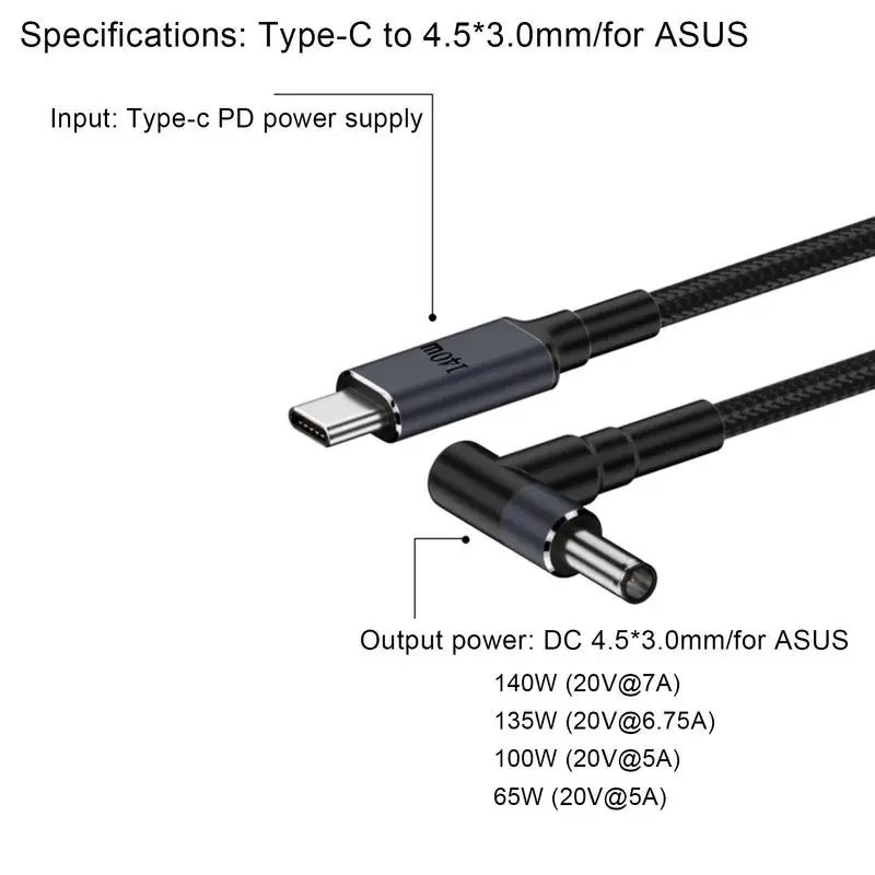 Cable convertidor tipo C a CC, Cable convertidor trenzado de carga rápida de nailon PD de 140W, Cable adaptador tipo C macho a CC de 180cm para