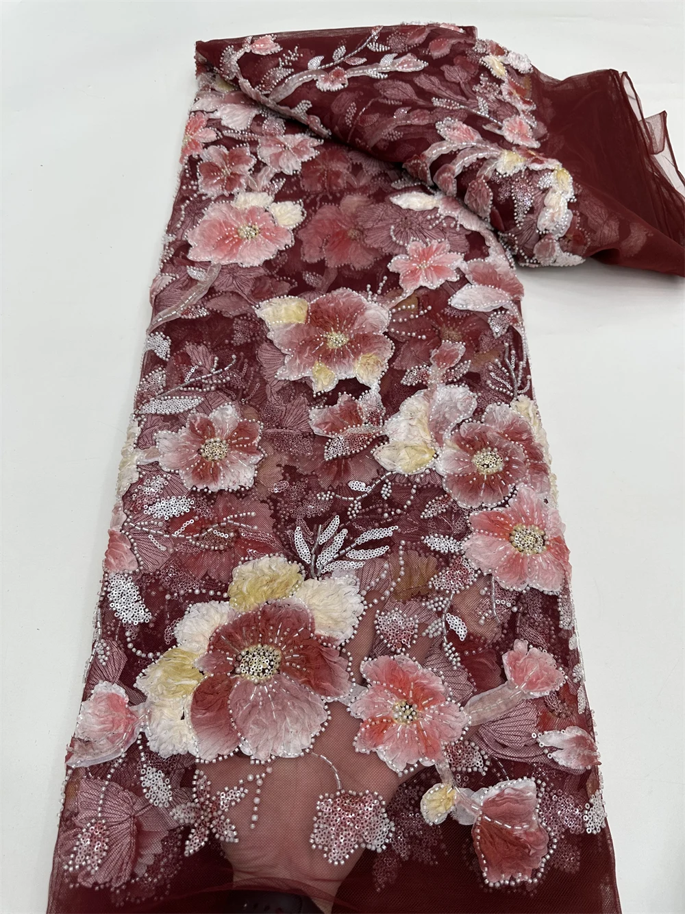 African 3D Flower Beads Lace Fabric High Quality French Nigerian Sequins Embroidery Tulle Fabric For Wedding Dress Sewing