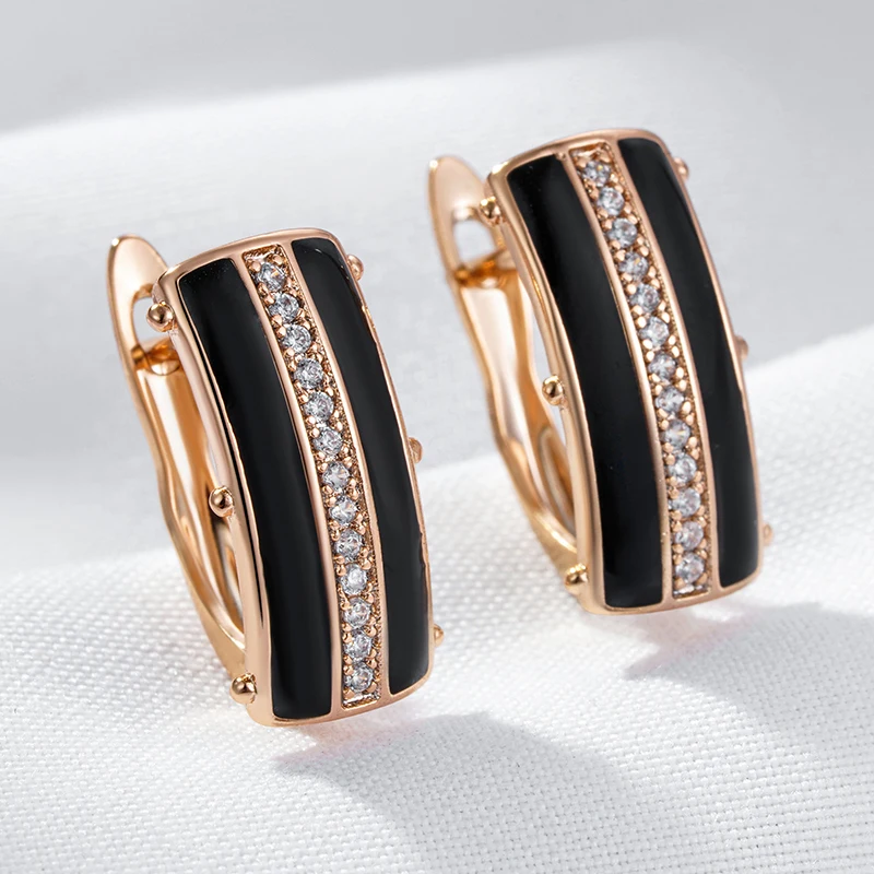 Kinel Black Enamel Square Dangle Earrings for Women 585 Rose Gold Color Natural Zircon Accessories High Quality Daily Jewelry