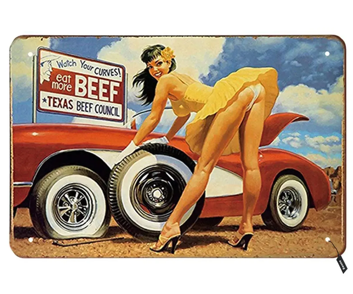 Pink Up Girls Tin Signs,Sexy Girl Change Tire with Watch Your Curves Eat More Beef Texas Beef Council Vintage Metal Tin Sign