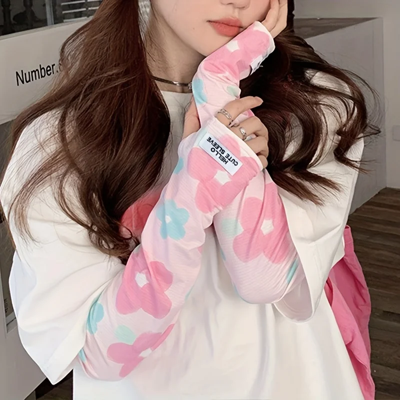 1/4Pairs Women Ice Silk Sleeves Breathable Loose Fit Sun-Proof Cooling Travel Arm Covers Summer Flower Outdoor Sport Sleeves