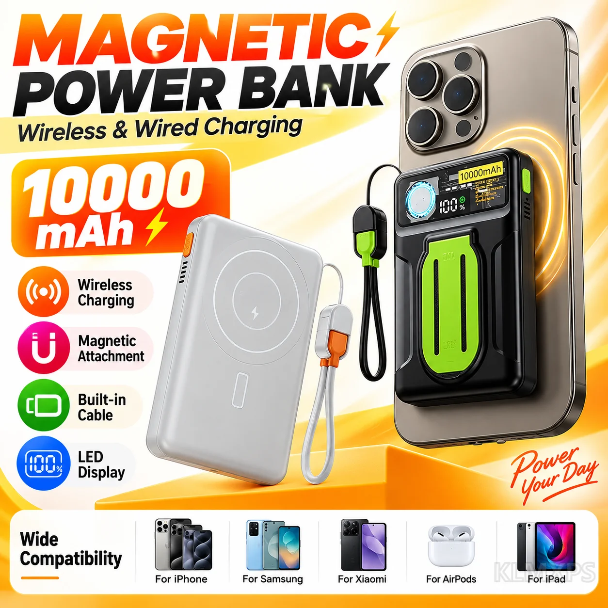 Magnetic Wireless Power Bank 20000mAh 22.5W Fast Portable Charger with Cooling Fan For iPhone 16, Xiaomi, Samsung and Huawei