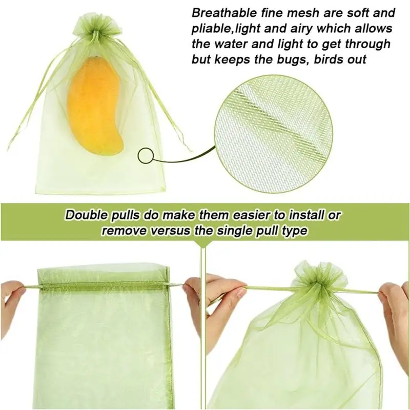 ABCA-100Pcs Fruit Protection Bags (8X12 Inches) Green Mesh Lid Bag Drawstring Mesh For Fruit Protection Vegetable Garden Durable