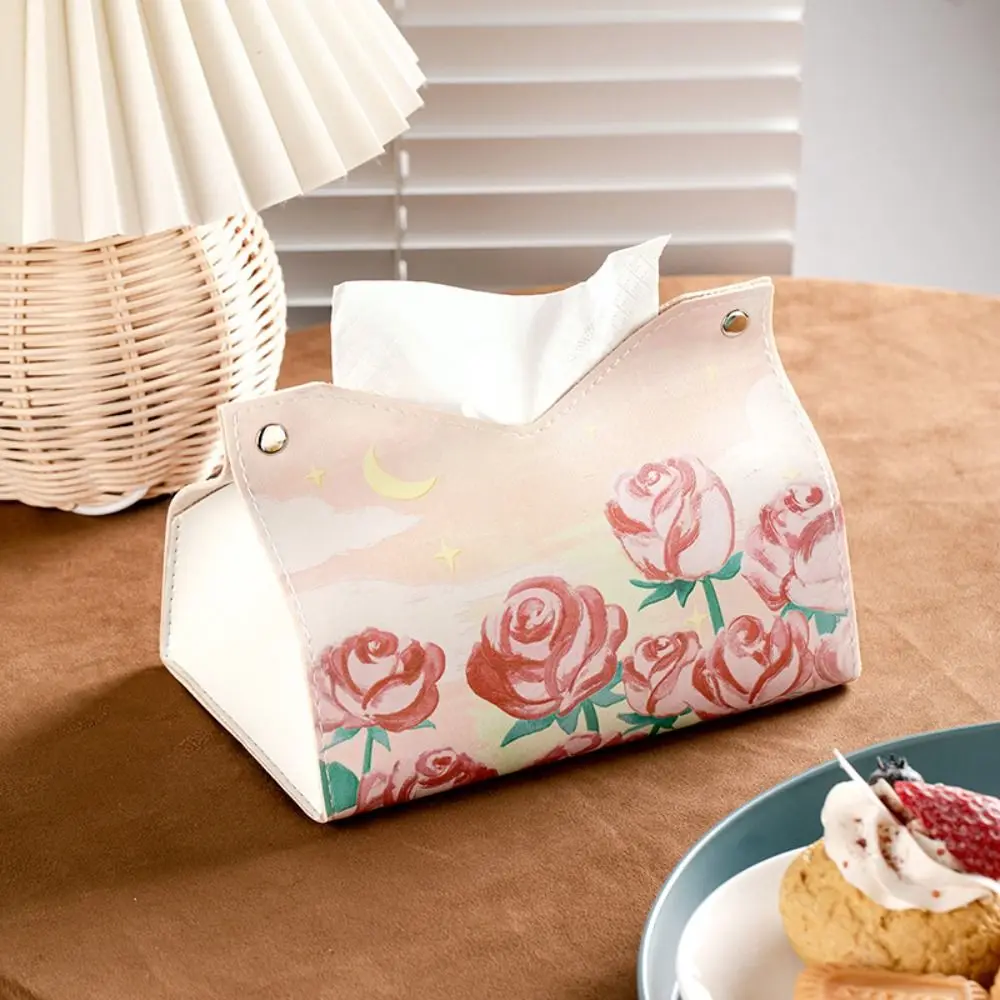 Creative Oil Painting Napkin Holder with Buttons Large Storage Home Tissue Case PU leather Paper Towel Box Desk Decoration