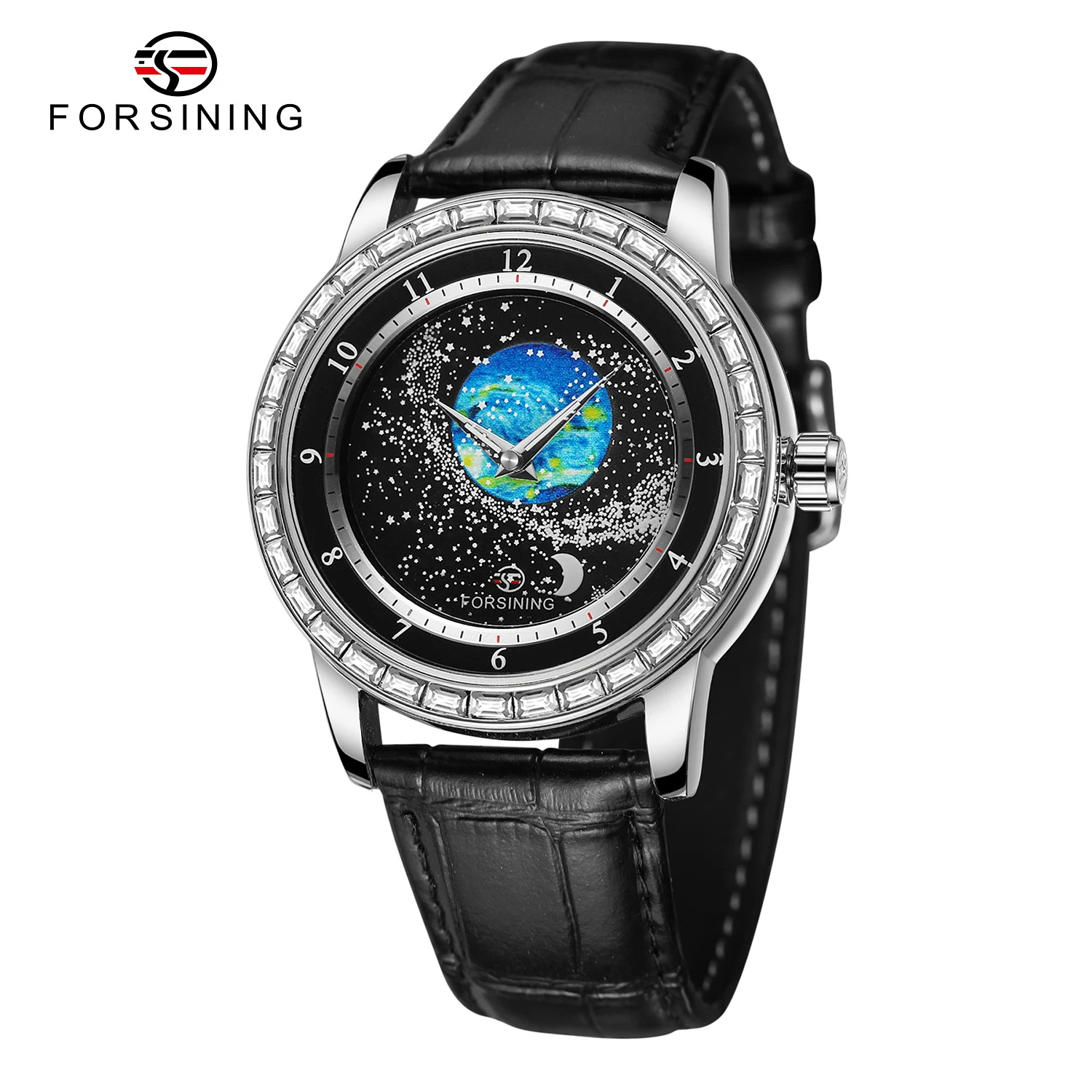 FORSINING Luxury Mens Automatic Mechanical Watch,Earth Star Moon Starry Milky Way Rhinestone Dial Leather Strap