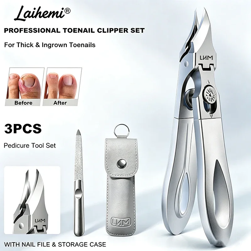 Laihemi Professional Toenail Clipper Set for Thick Ingrown Toenails Wide Jaw Stainless Steel Anti-Splash Pedicure Tool with Case