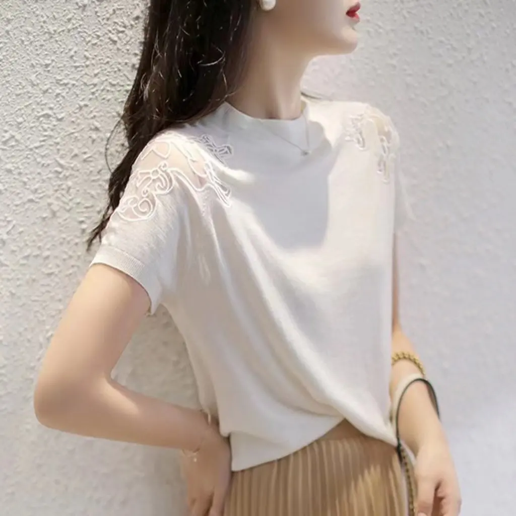 

Blue Ice Silk Short-Sleeved T-shirt Women's Summer Lace Hollow round Neck Top High-End Thin Bottoming Shirt